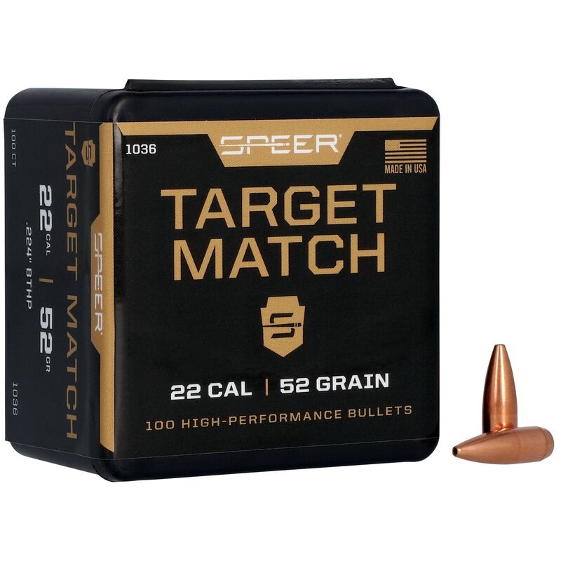 Speer Target Match Bullets 22 Caliber (224 Diameter) 52 Grain Hollow Point Boat Tail (100pk)