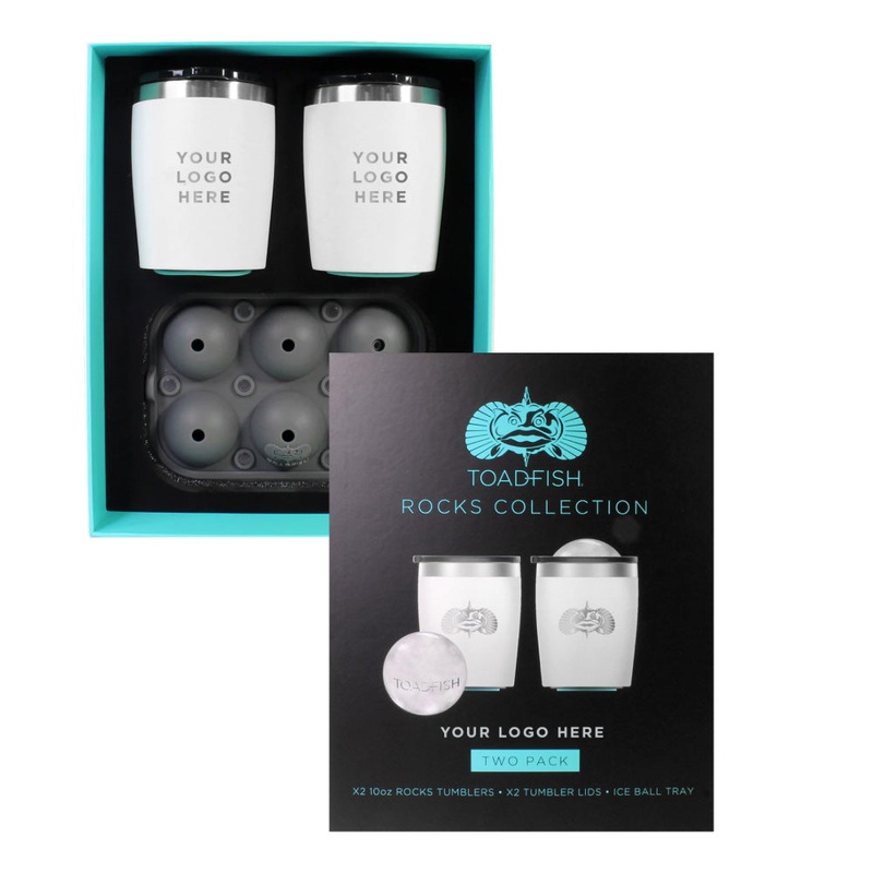 Toadfish Custom Engraved Non-Tipping 10oz White Rocks Tumblers with Ice Ball Tray – 2 Tumblers (MINIMUM ORDER QUANTITY OF 25) [TF1119]