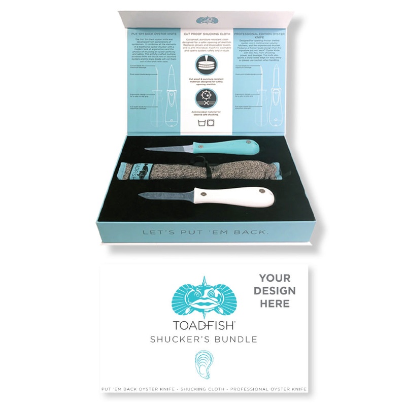 Toadfish Custom Engraved Shucker’s Bundle – Teal Put ‘Em Back Oyster Knife, Professional Oyster Knife  Cut-Proof Shucking Cloth – Knifes Are NOT Engraved (MINIMUM ORDER QUANTITY OF 25) [TF1014]