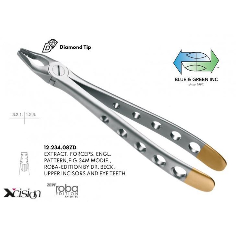 Roba Extraction Forceps, Upper Incisors and Eye Teeth, Diamond Tip (12.234.08ZD)