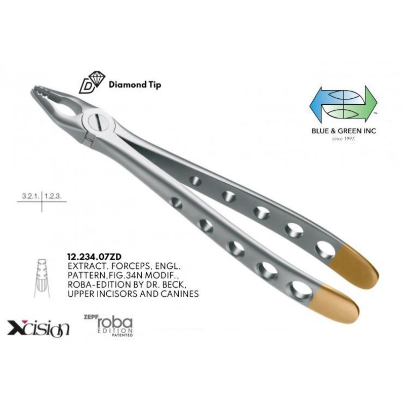 Roba Extraction Forceps, Upper Incisors and Eye Teeth, Diamond Tip (12.234.07ZD)