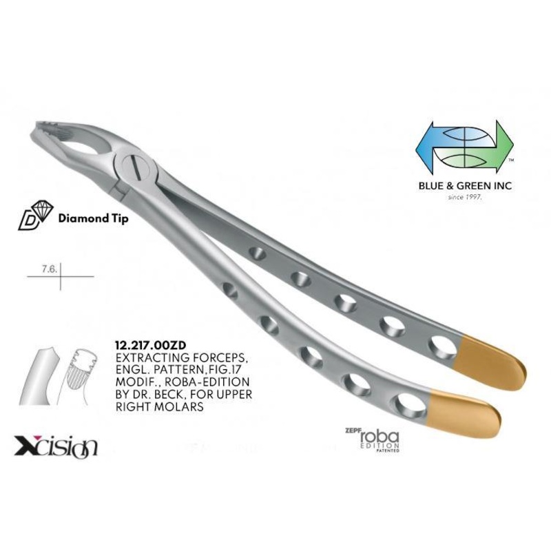 Roba Extraction Forceps, Upper Right Molars & Wisdom, Diamond Tip (12.217.00ZD)